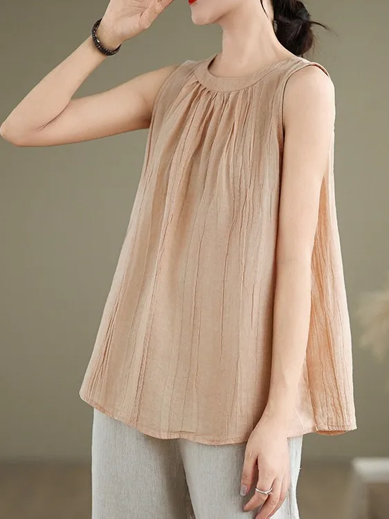 2025年新作 夏用 ルーズ コットンリネンベスト レディース ファッション プリーツ入り スリムトップ エレガントな質感 細見え効果 可愛いスタイル