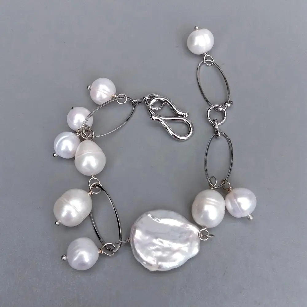 KKGEM 22mm Freshwater White Keshi 11x13mm Rice coin potato Pearl Chain Bracelet  Wedding Jewelry Women Gift
