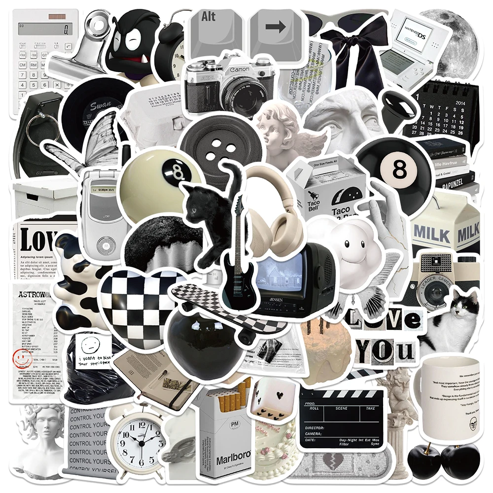 

61pcs Vintage Black & White Fashion Style Stickers Aesthetic Decals For Laptop Skateboard Suitcase Guitar Waterproof Stickers