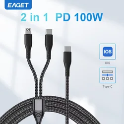 Eaget 2 in 1 USB C Cable For iPhone 15 100W PD Type C to C to Lightning QC 4.0 Fast Charging Cable Type C Cable For PC Samsung