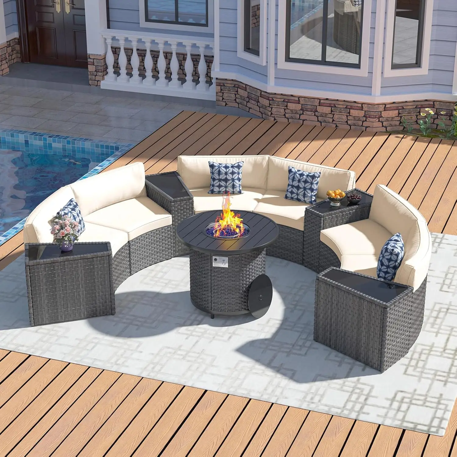 Patio Furniture Set with 32" Fire Pit Table, 11 Pieces Half-Moon Curved Outdoor Sectional Sofa & Side Table Waterproof Cover