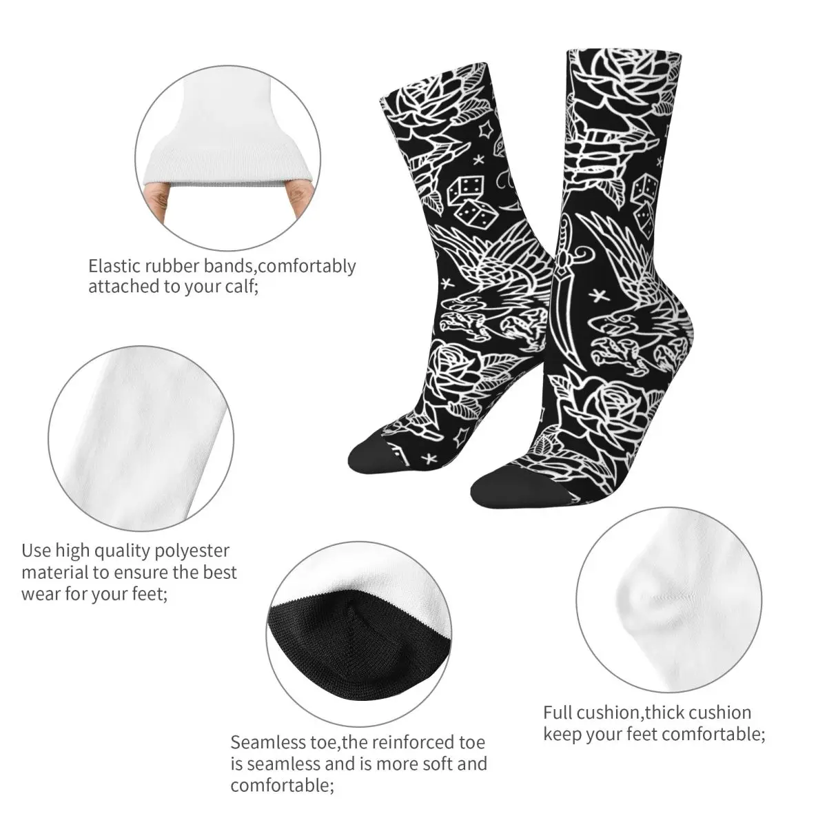 American Traditional Flash Print Tattoo Socks Black and White Leisure Stockings Winter Anti Skid Women Men Socks Running Socks