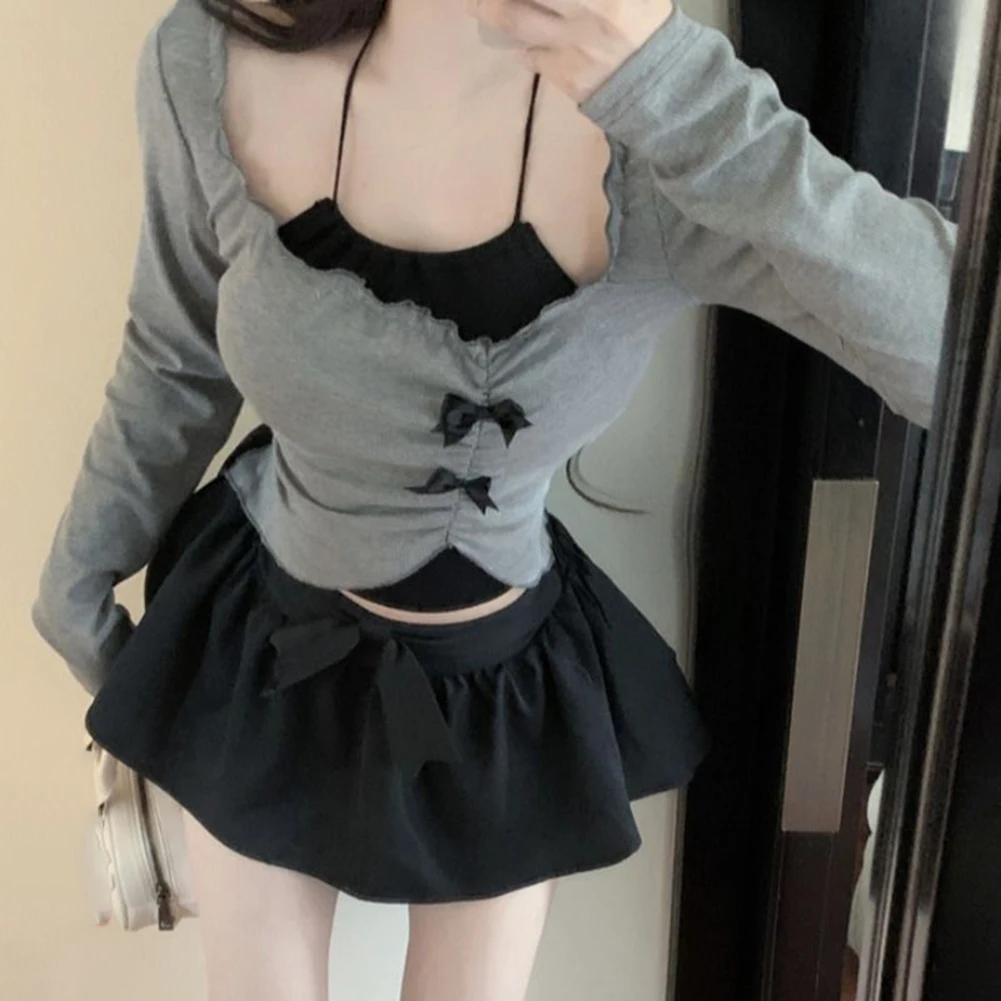 

Irregular Design Hot Girl Style Gray Bow Detail Long Sleeve Top Bow Detail Polyester Fabric Solid Color Pattern
