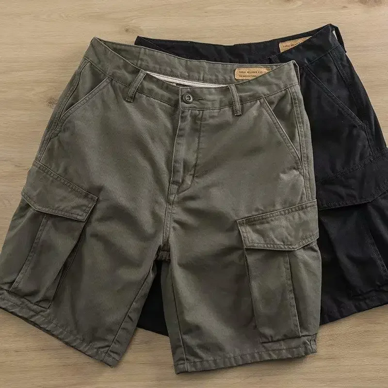 Bermuda pantaloni corti per uomo pantaloncini Cargo da uomo con bottoni solidi con tasche Jorts Streetwear Trend popolare Strech in cotone pesante