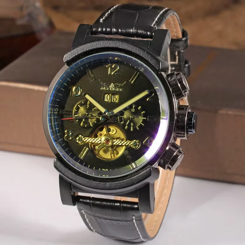 JARAGAR Men's Watch Flywheel Double ring nail digital double dial mechanical watch Calendar Belt Wrist watch watch
