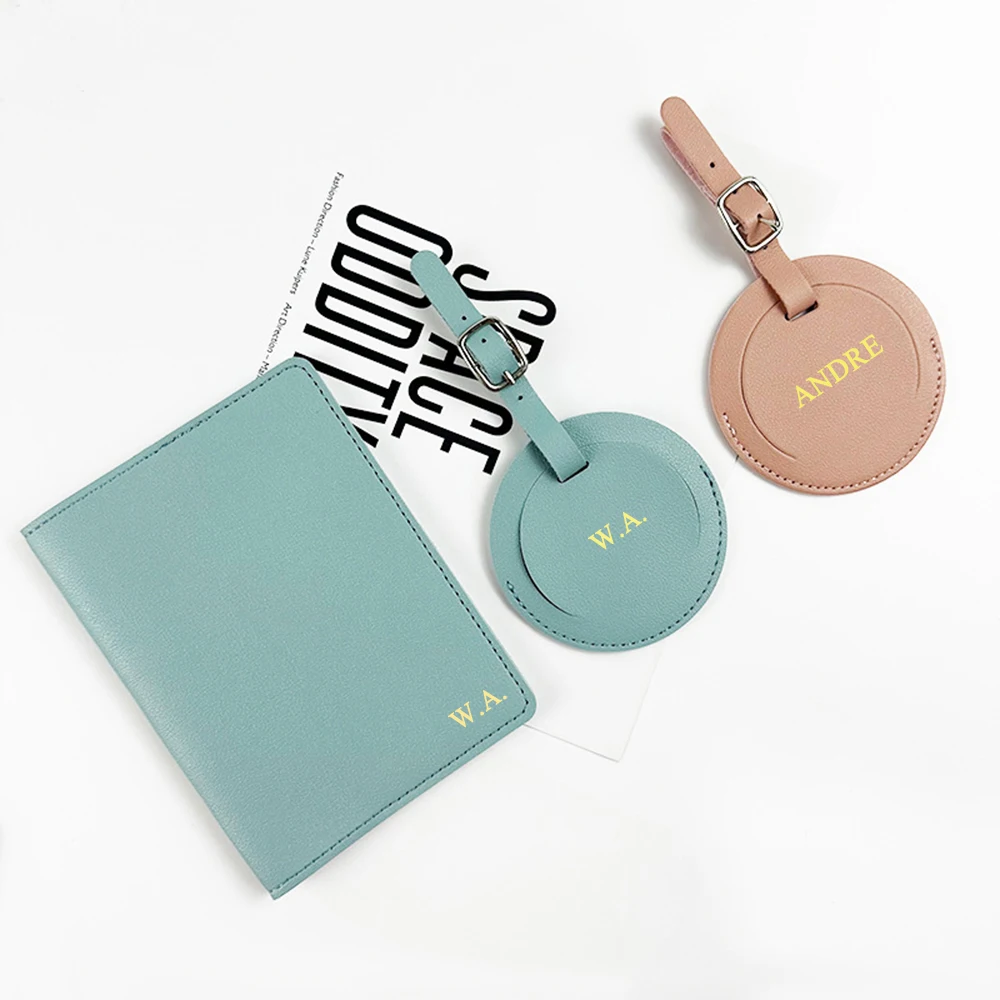 Custom Name Gift Travel Passport Holder Luggage Tag Set Free Personalize Initials Round Suitcase Label Ticekt Passport Cover