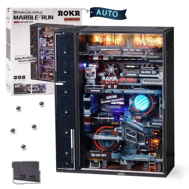 Robotime Rokr The Last City -Futuristic Marble Run Cyberpunk Prezent dla mężczyzn Puzzle 3D Model Dekoracja do gier Automatyczna