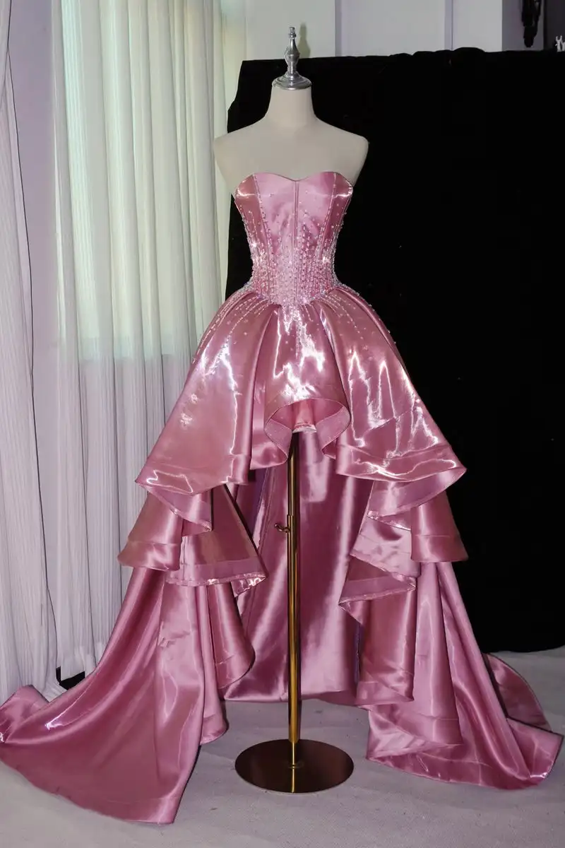 Customized Luxury Prince Prom Dresses Strapless Pink Satin Crystal Beaded Bodice Formal Women Party Evening Dresses Floor-Length