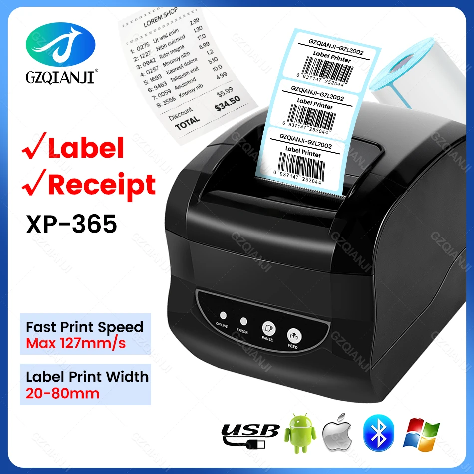 Xprinter XP-365B 3 inch Thermal Label USB Bluetooth Printer Barcode Sticker Receipt Bill POS Maker for Android iOS Windows 80mm