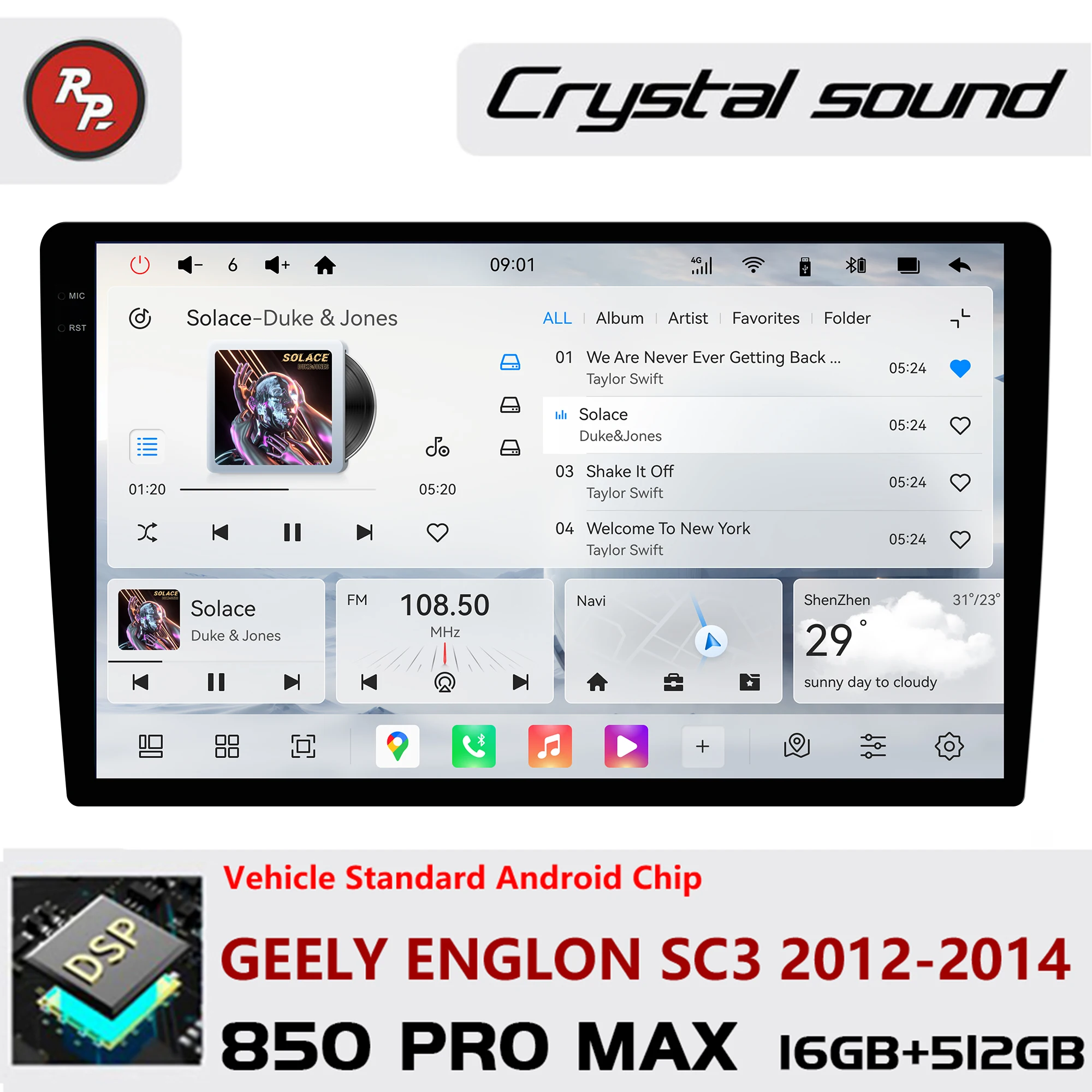 Redpower Crystal Sound 850 Pro Max  Android Car Radio Player Screen for GEELY ENGLON SC3 2012-2014 CarPlay Bluetooth Hi-Fi