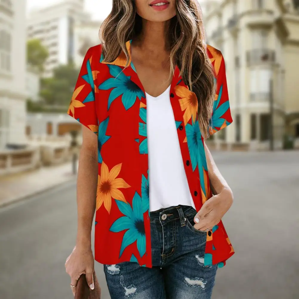 Women Summer Casual Hawaiian Shirt Lapel Short Sleeve Single Breasted Shirt Floral Print Loose Beach Shirt Top Blouse Streetwear