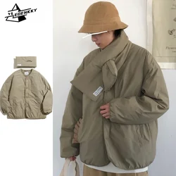 Winter Warm Parkas Men Women Vintage Loose Thickened Solid Color Jackets Harajuku Casual Crewneck Couple Cotton Coat with Scarf