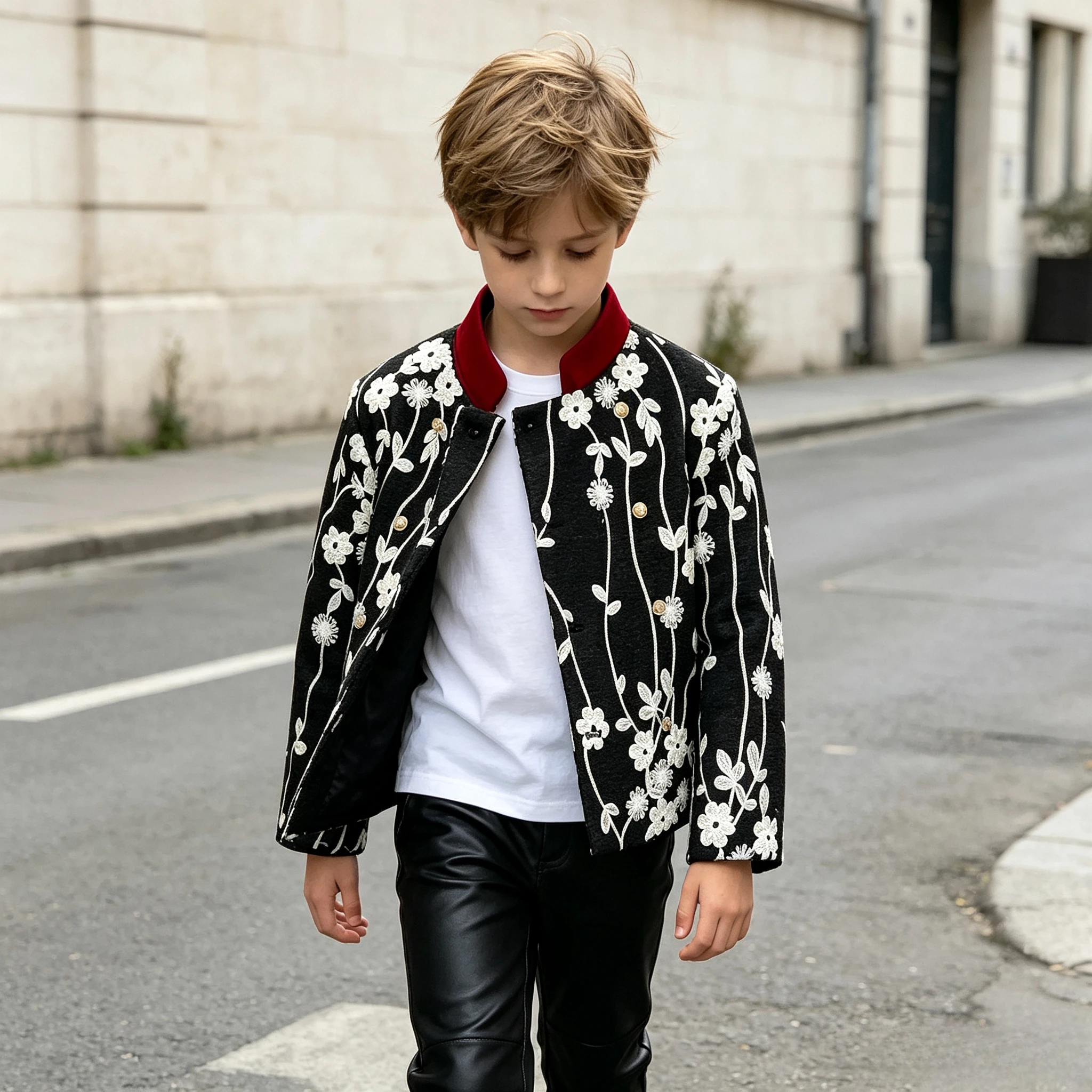 Boys Fleece Lined Jacket Red Stand Collar Fall Winter Kids Black Floral Embroidered New Year Coat Girls Casual Loose Outerwear
