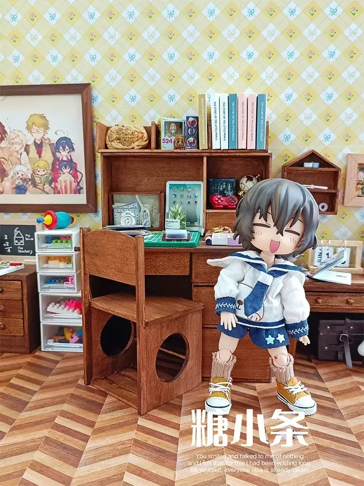Miniature Doll House Furniture Mini Scientist Workbench Desk Studio Scene School Things  Bookshelf Doll House Accessories