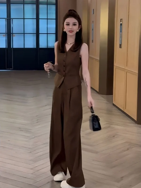 High Waist Wide Leg Pants Vest Set Luxury Light Style No Sleeve Old Money Trend Summer New Arrival Women's Fashion Ensemble