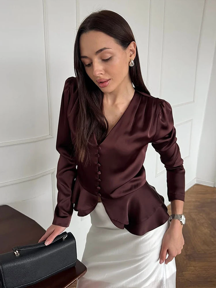 

Elegant Long Sleeve Single Brested Female Blouses Fashion Solid V Neck Shirts For Women 2026 Spring New Lady Tops High Street