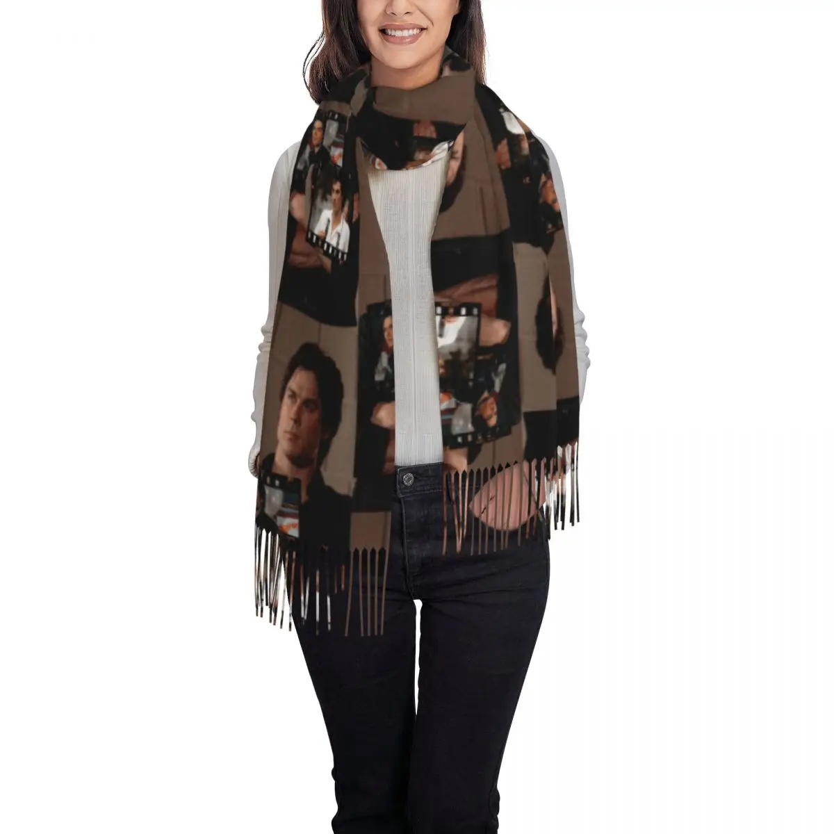 Custom Printed The Vampire Diaries Damon Salvatore Collage Scarf Women Men Winter Warm Scarves Fantasy Film Shawls Wraps