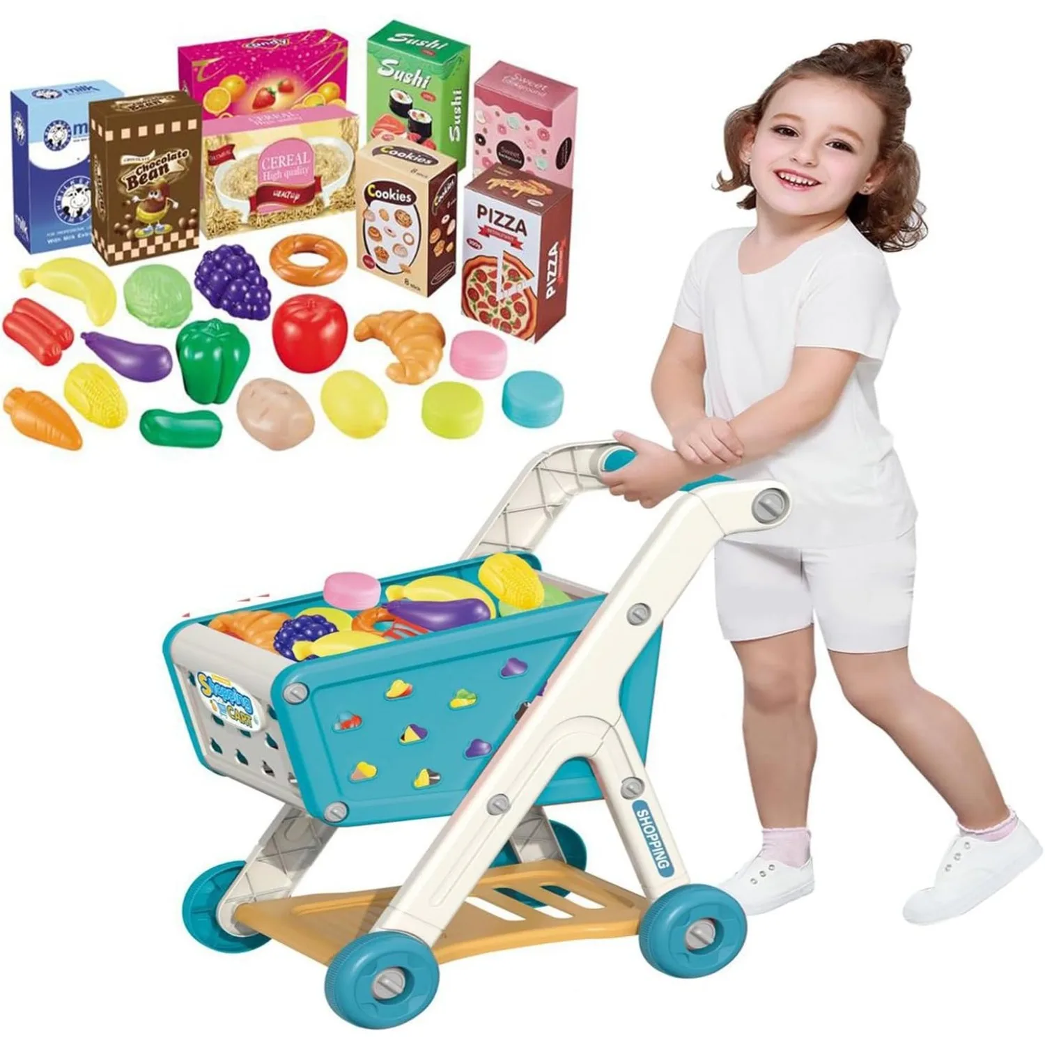 

26PCS Toddlers Shopping Cart Trolley Playset with Food Fruit Vegetables Play House Set Educational Toy Gifts for Girls Boys Kids