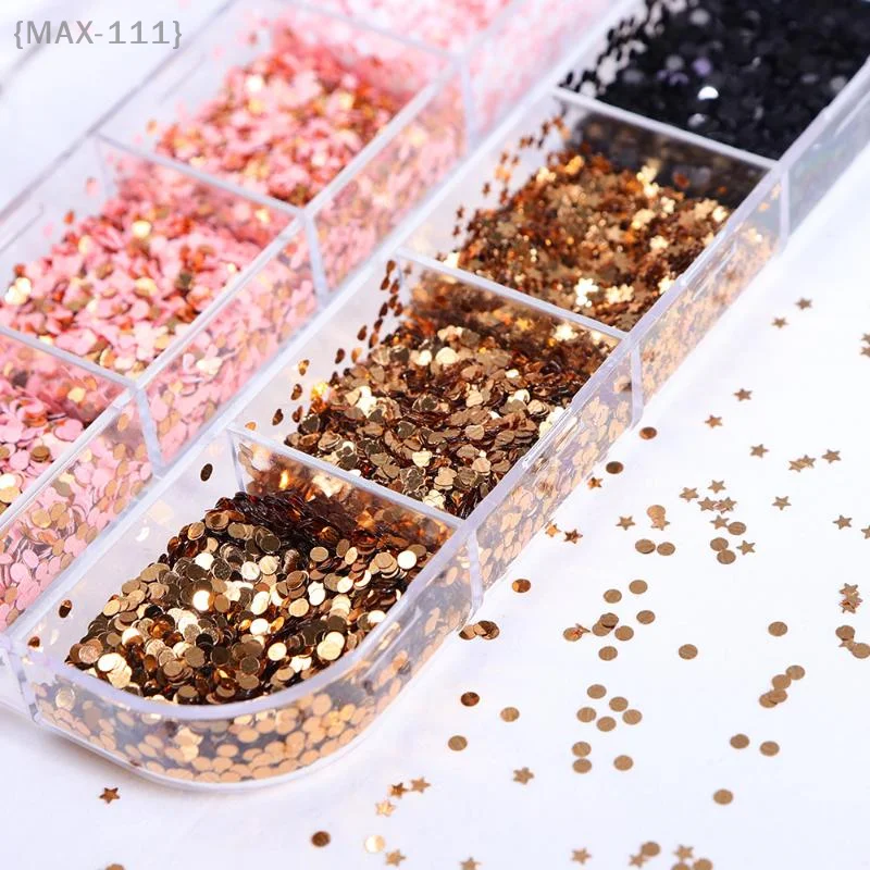 Star Heart Round Shape Nail Art Glitter Sequins (12 Grids) Holographic Nail Flakes&Mixed Iridescent Powder Stylish Nail Decora