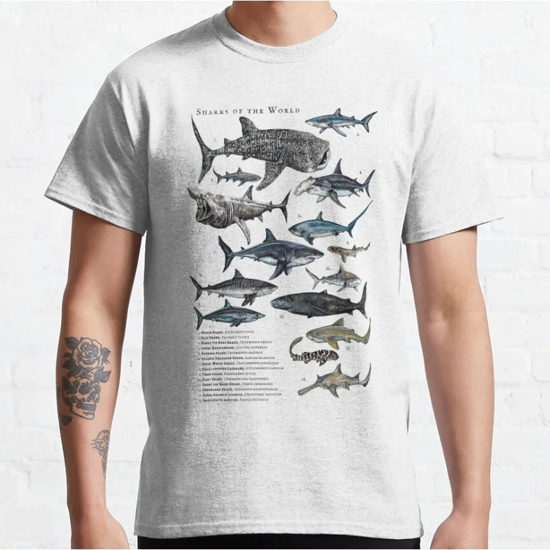 

Sharks of the world Retro sea Shark ocean animal Short-sleeve crewneck T-shirt for men large size Adult Tops S-6xl