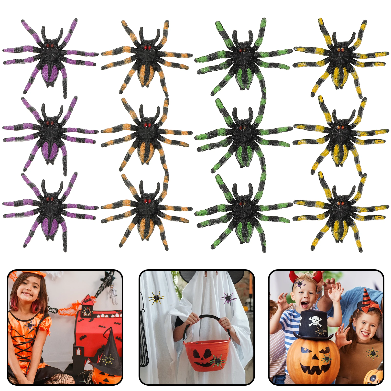 20 pçs decorações de aranha de halloween roxo amarelo verde ange diy artesanato festa assustador aranhas falsas plástico pendurado nament