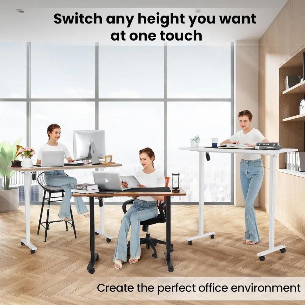 مكتب قائم كهربائي 63 × 24 مع منافذ، مكتب دوار مع لوحة ماوس كبيرة الحجم، 2 منفذ USB و3 منافذ طاقة، Adj مريح