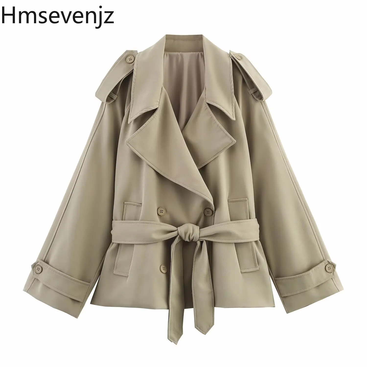 

Hmsevenjz Long-sleeved Short Trench Coat Women's Autumn Turn-down Collar Double Breasted with Belt Short Jacket Female Clothes