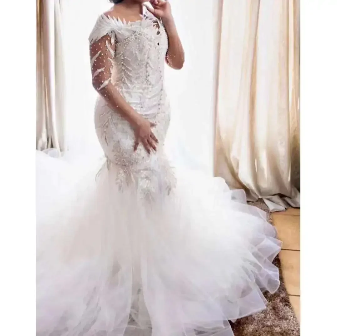 Customized Off The Shoulder Shinny Pearls Beads  Wedding Dress With Removeable Skirt Corset Illusion Long Sleeves Bridal Gown