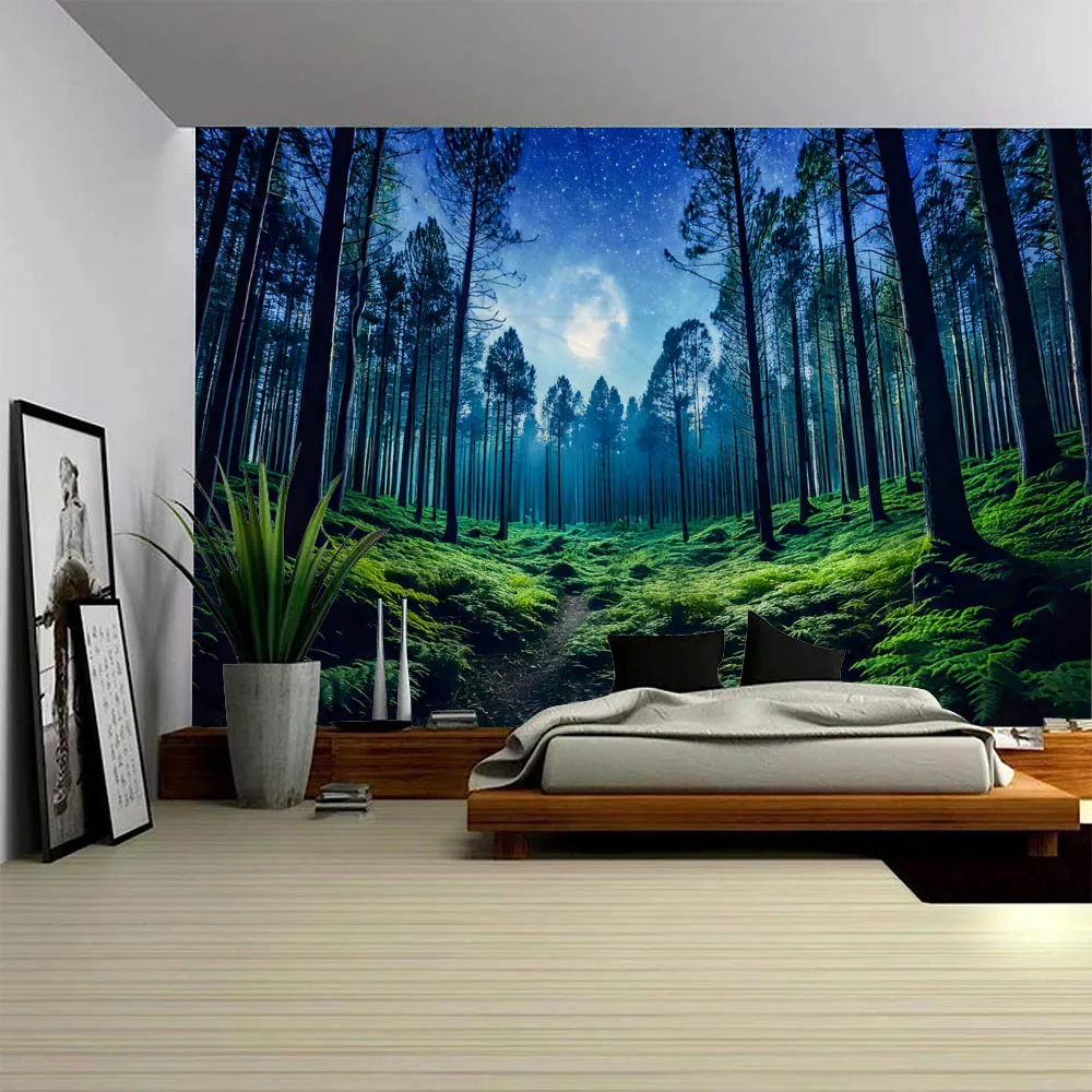 Forest Wall Hanging Tapestry Starry Sky Natural Landscape Home Decor Bedhead Background Artwork - Cotton Wall Hanging