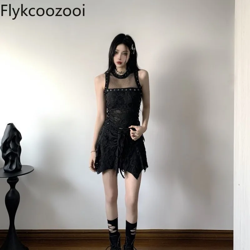 

Gothic Y2k Hollow Out Lace Spliced O-neck Tank Crop Top Women Lace-up Waisted Irregular A-line Skirt Summer Aesthetic Harajuku