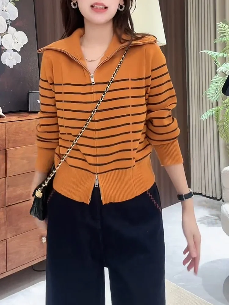 

Orange Lazy Stripe Knitted Jaet 2025 Autumn New Large Size Ele Faion Versatile Slimming Top Quali Camere Sweater