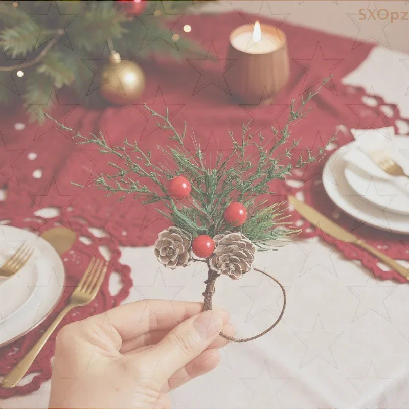 Christmas Cedar Jute Lace Napkin Rings Set Handmade Craft Tableware For Holiday Party Dinner New Year Decorations