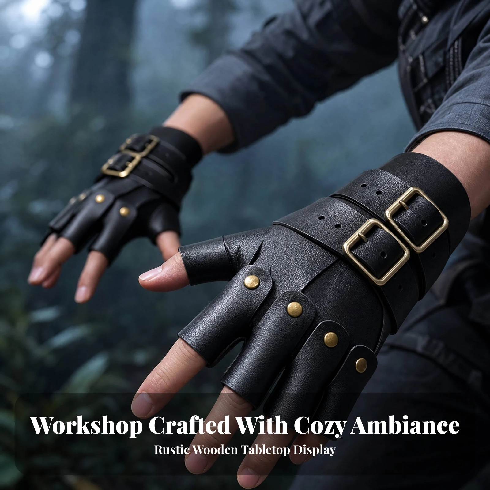 Bracers Larp PU Leather Fingerless Costume Gloves Gauntlets Authentic Looking for Cosplayers, Themed Festivals