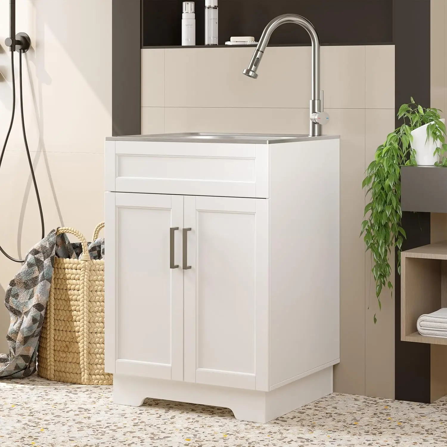 Laundry Sink Cabinet with Stainless Steel Sink and Pull-Down Faucet, 24 Inch Large Utility Sink Cabinet for Laundry/Utility Room