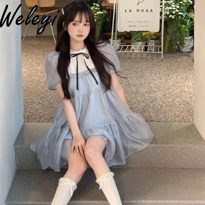 

Japanese Girl's Cute Sweet Color Matching Dress 2024 New Women' Summer Princess Loose Slimming Short Puff Sleeve Seaside Dress