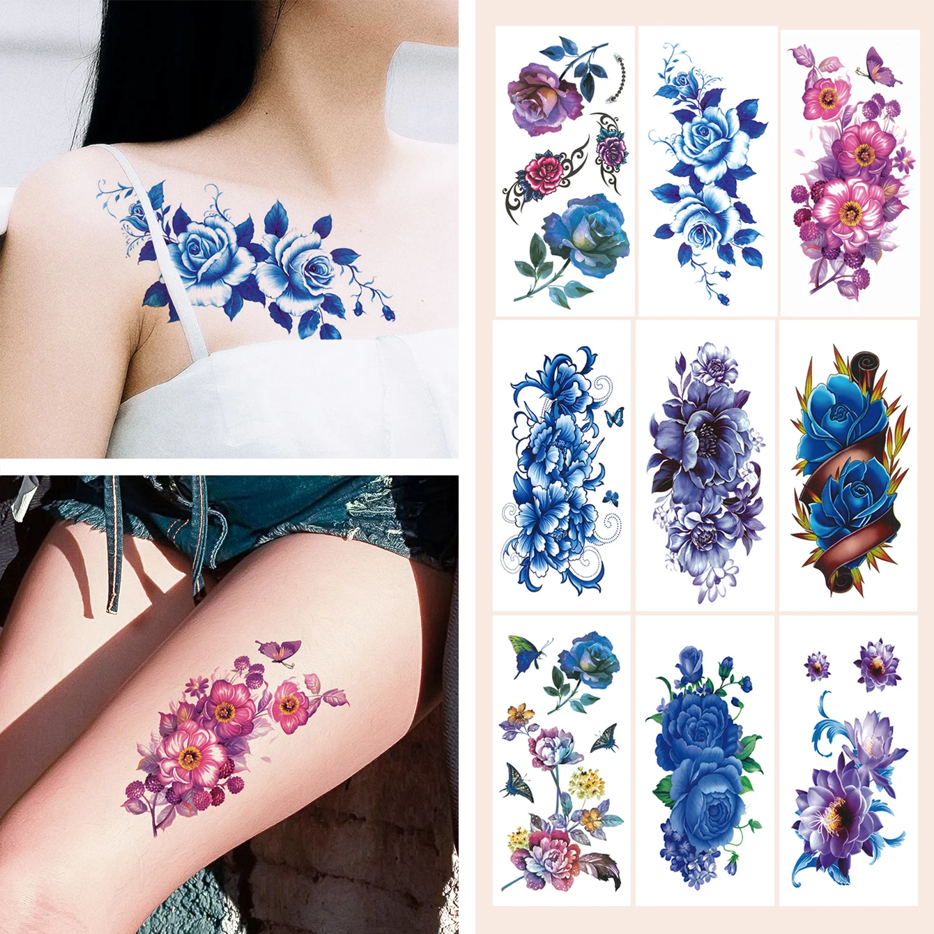 9pcs Waterproof Temporary Tattoo Sticker Blue Purple Rose Lotus Butterfly Fake Tatto Flash Tatoo Tato for Girl Women