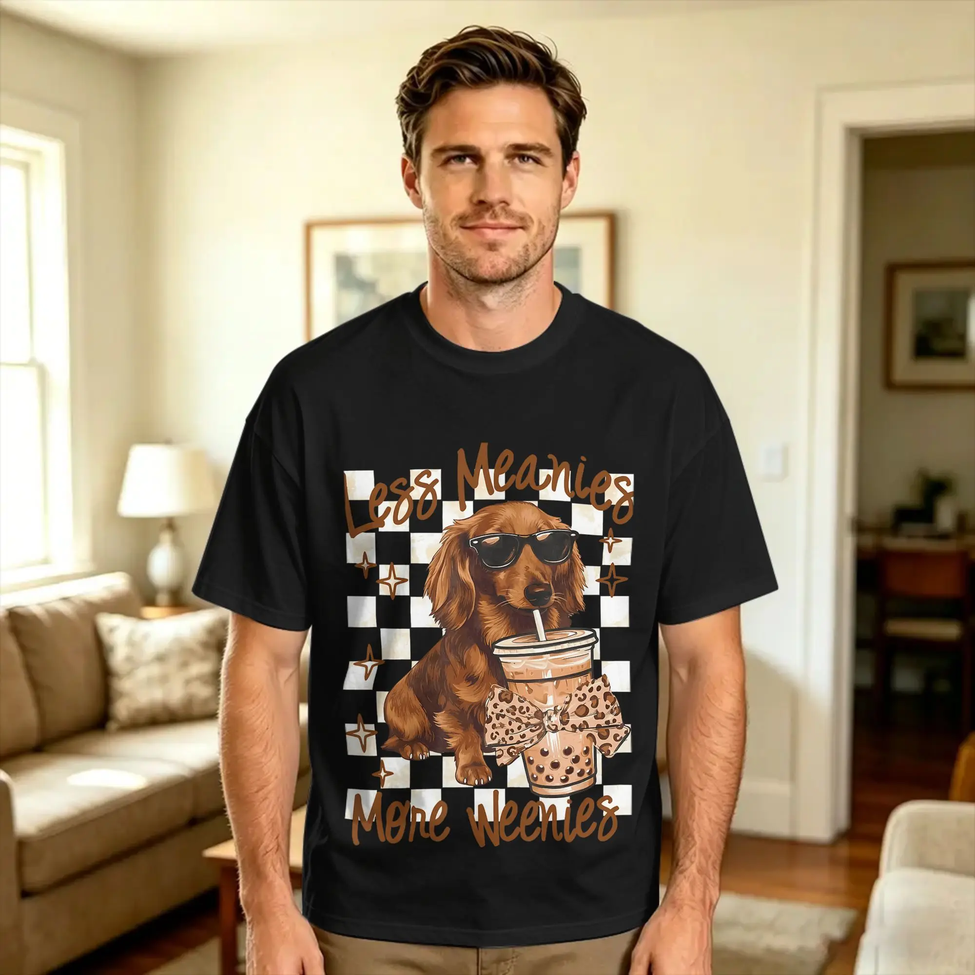Vintage T-Shirt Less Meanies More Weenies Dog Dachshund Drinking Iced Coffee Cotton T-Shirts  Hipster Tshirt for Men