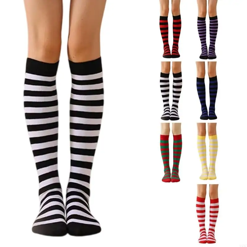 

L5YC Women Knee Highs Socks Stripe Calf Socks Stripe Long Boot Sock Cosplay Costume