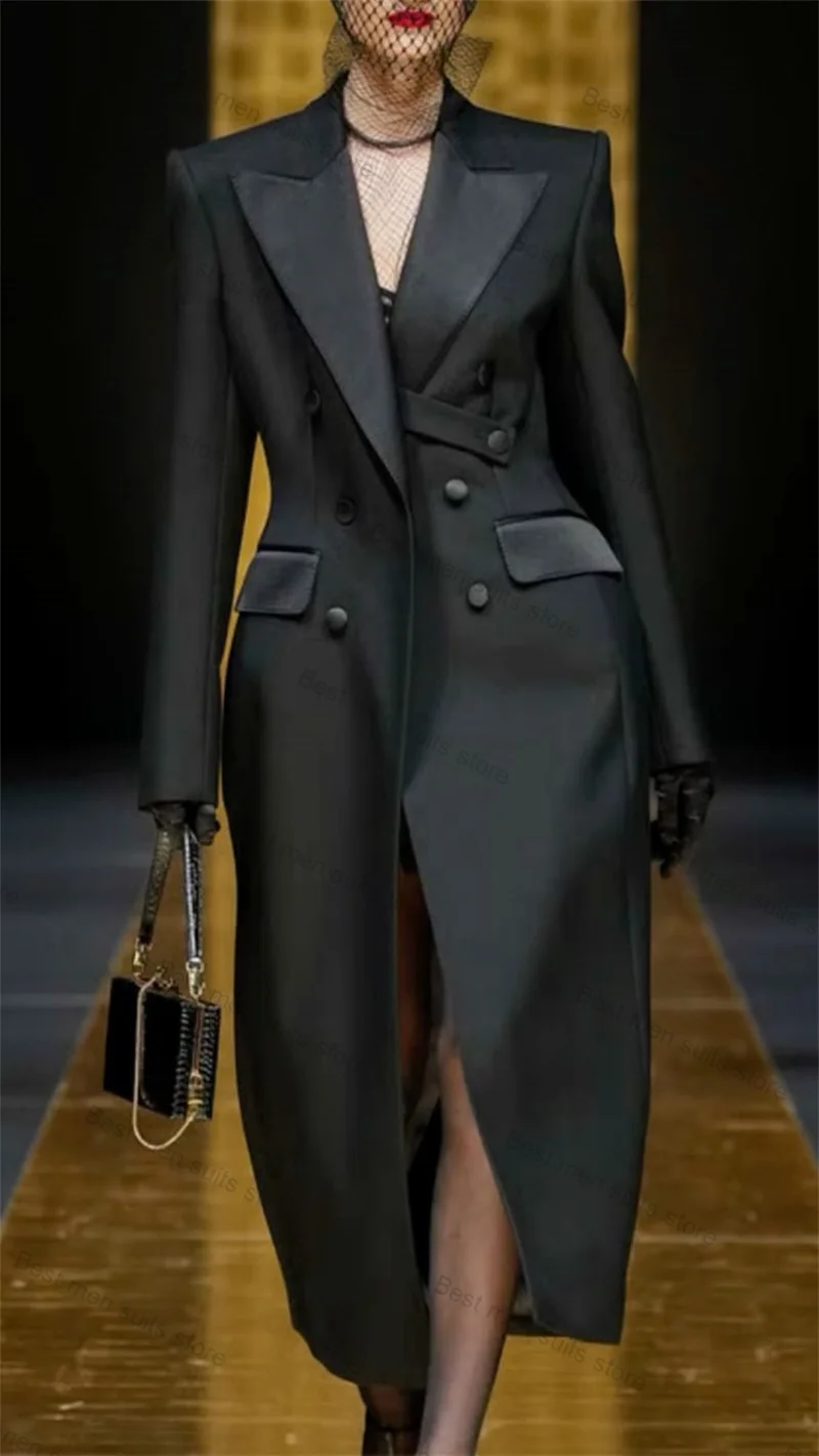 Black Women Suit Skirt 1 Piece Long Blazer Prom Dress Formal Double Breasted Office Business Jacket Customized Wedding Coat