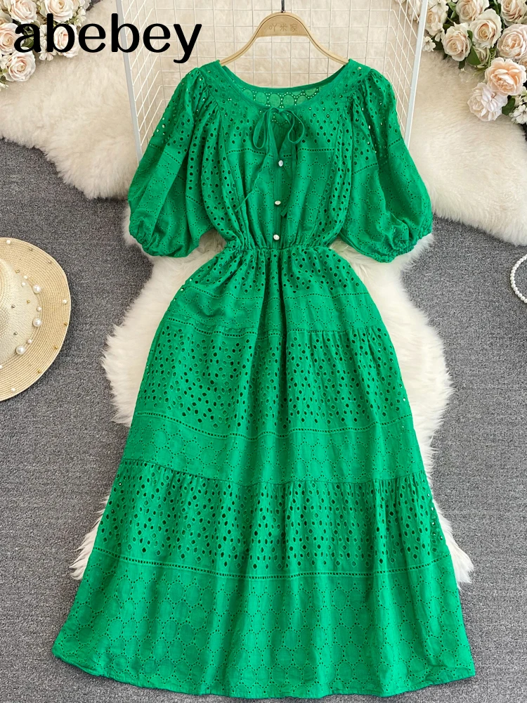 Weiß/Grün 2023 Herbst Neue Spitze Stickerei Kleid Frauen Laterne Ärmeln Kleider Weibliche Vintage