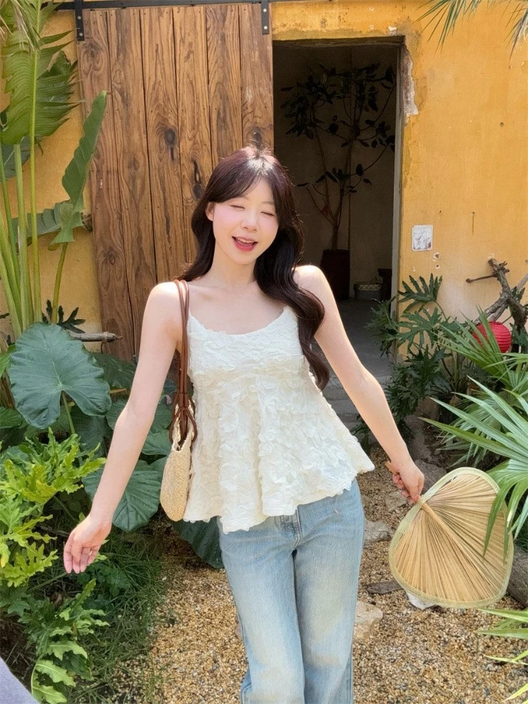 Trendy Net Lace Floral Strappy Sleeveless Top Oversized Fit Cropped Undershirt Soft Breathable Summer Women Loose Short Sweet