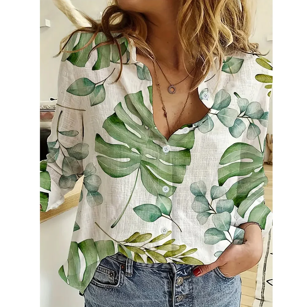 Elegant 3D Leaf Printed Tops Women's Long Sleeve Shirts Fashion Autumn Spring Lady Single Breasted Basic Button Lapel Shirts