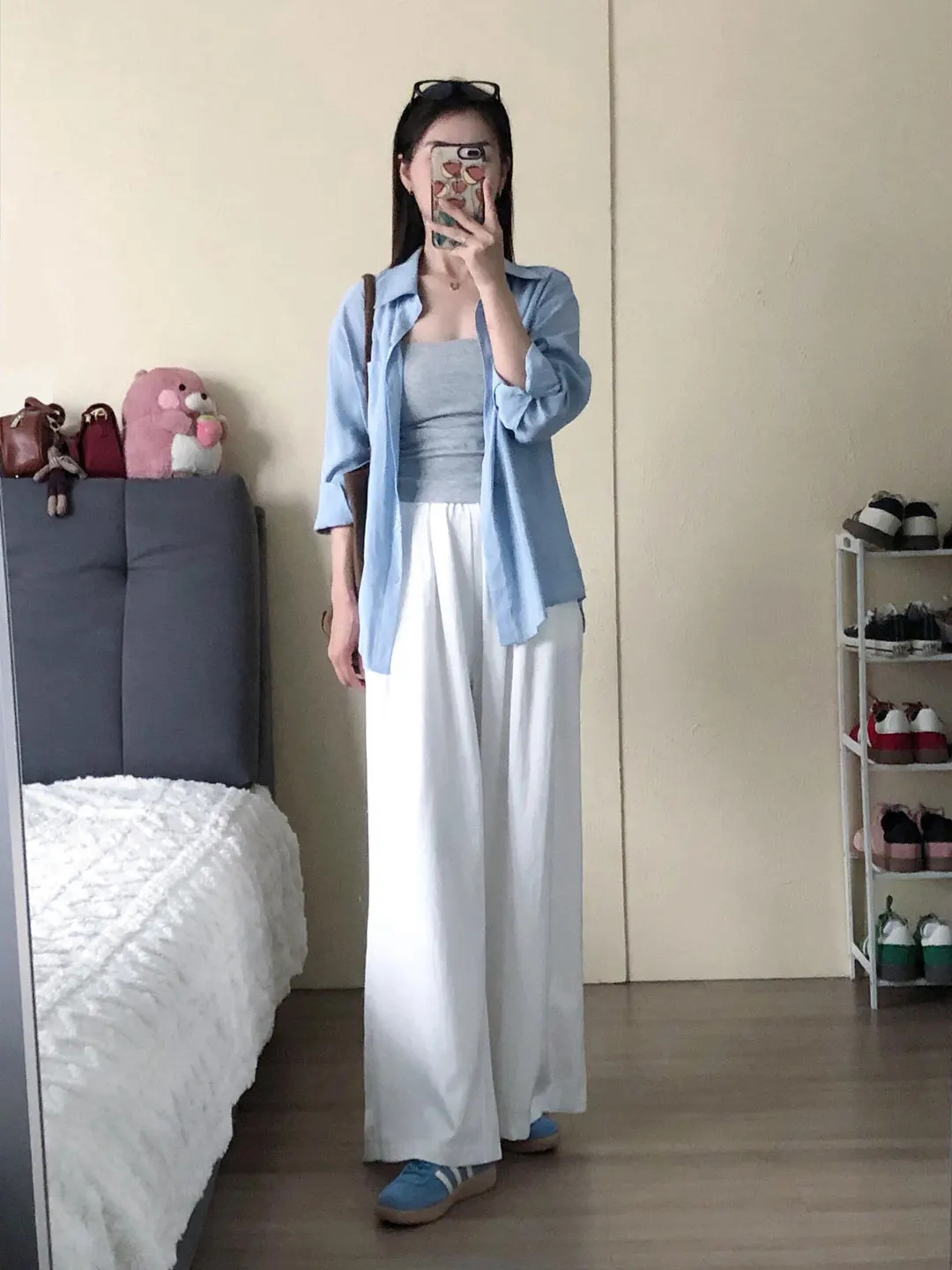 

Fashionable Blue Shirt And High Waist Wide Leg Pants Women's Set Casual Spring Outfit High Waist Design Slimming Effect