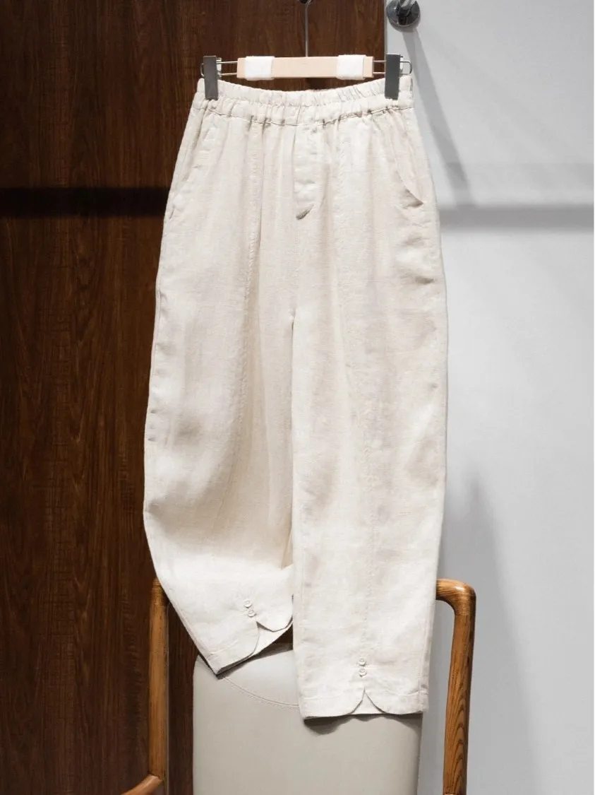 

Летние женские брюки 2025: свободные, прямые, из хлопка и льна, с эластичным поясом, повседневные, универсальные, стройнящие, в стиле Harlan