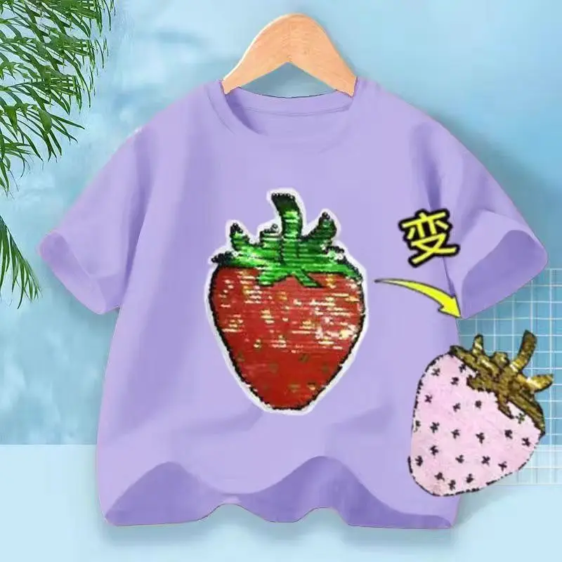 Kids Short Sleeved T-shirt Sequin Strawberry Pink Red Touch Conversion Small and Medium-sized Children Top