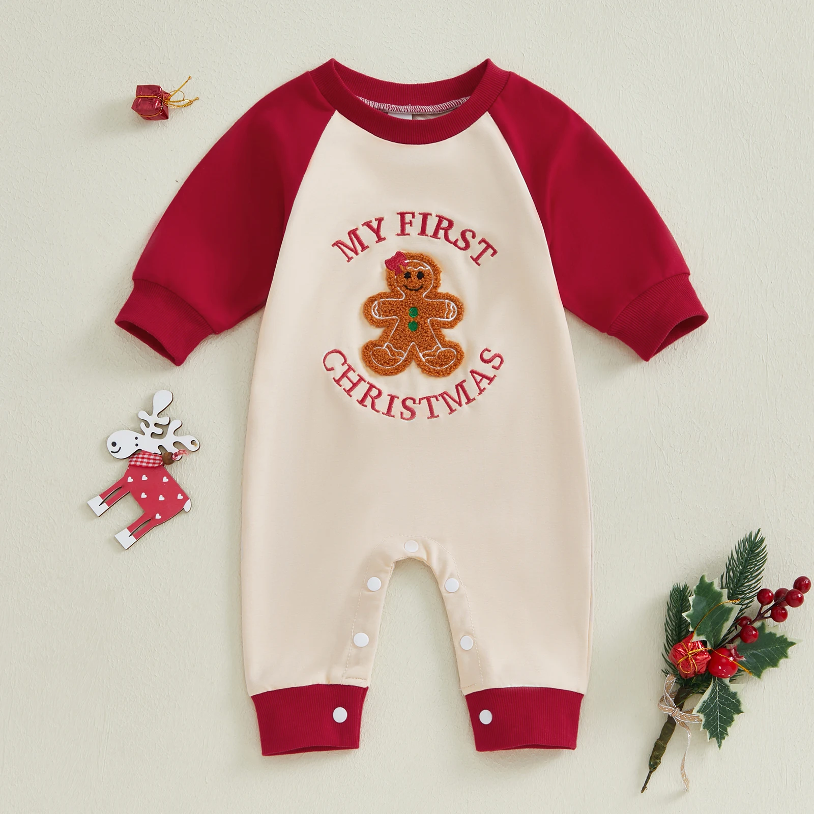 0-18Months Baby Christmas Sweatshirt Romper Autumn Cute Letter Gingerbread Embroidery Long Sleeve Jumpsuit for Newborn Boy Girl