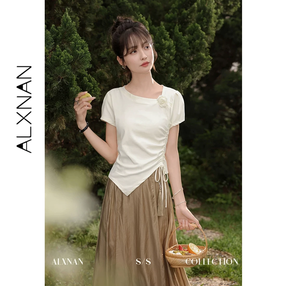 

ALXNAN Women T-shirt 3d Flower Drawstring Irregular Design Cotton T-shirt 2026 Summer Slim-fit Short Sleeve Tops Female VL35917
