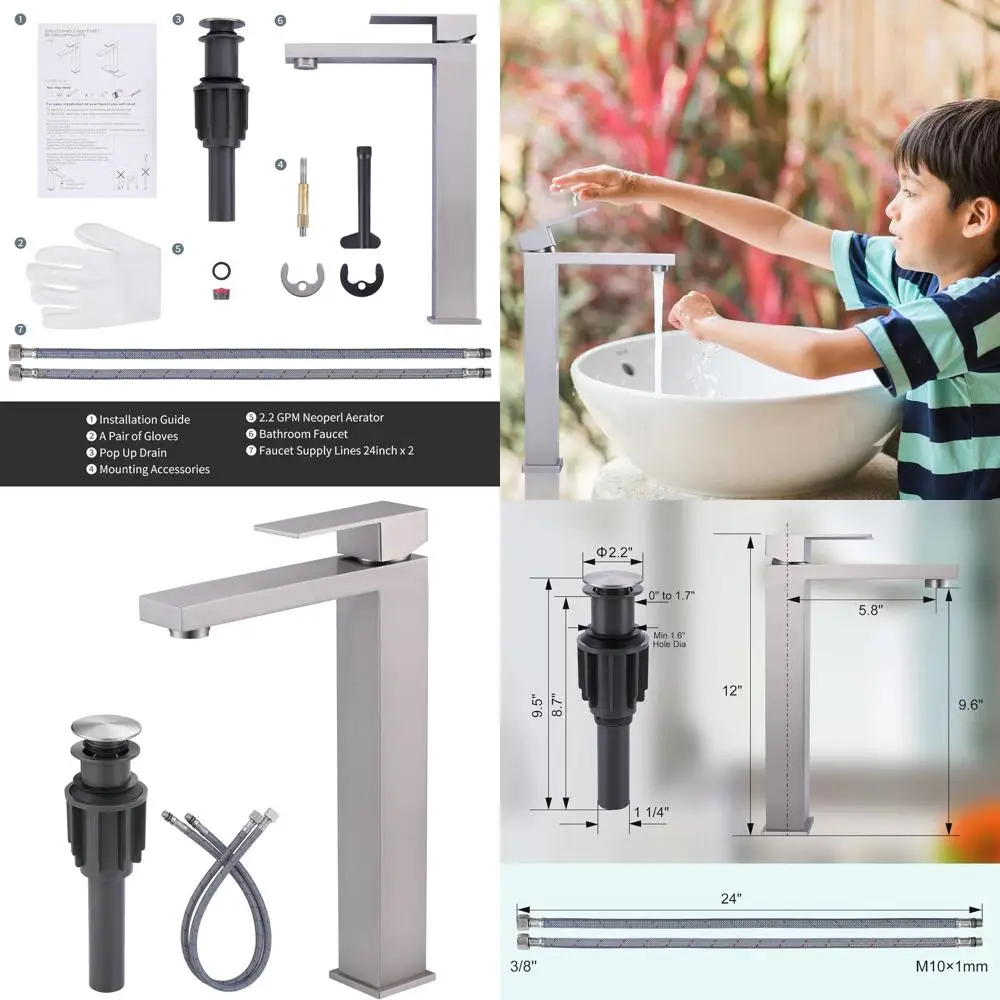 

Brushed Nickel Single Handle Tall Bathroom Sink Faucet with Pop-Up Drain & Supply Lines