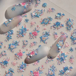 5D Inci Çiçek Nail Art Çıkartmalar Parlak Pembe Mavi Firkete Desen Şık çiçek dekorasyonu Kendinden Yapışkanlı Taklidi Manikür Çıkartması