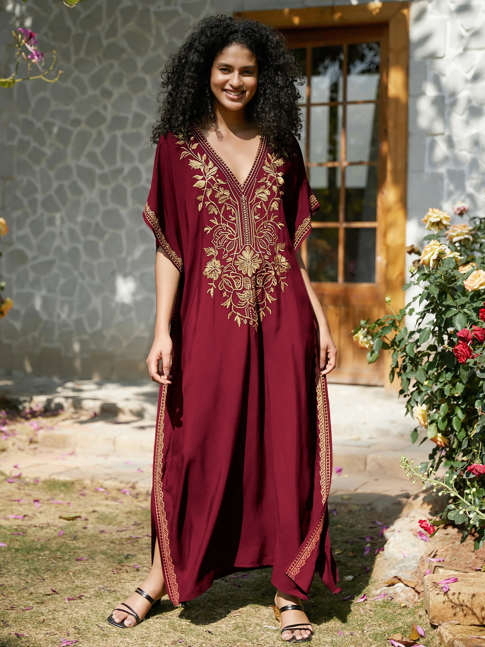 2024 Plus Size Women Dress V-neck Gold Embroidered Clothing Print Robe Summer Beach Cover-ups Casual Loungewear Maxi Dress Q1642